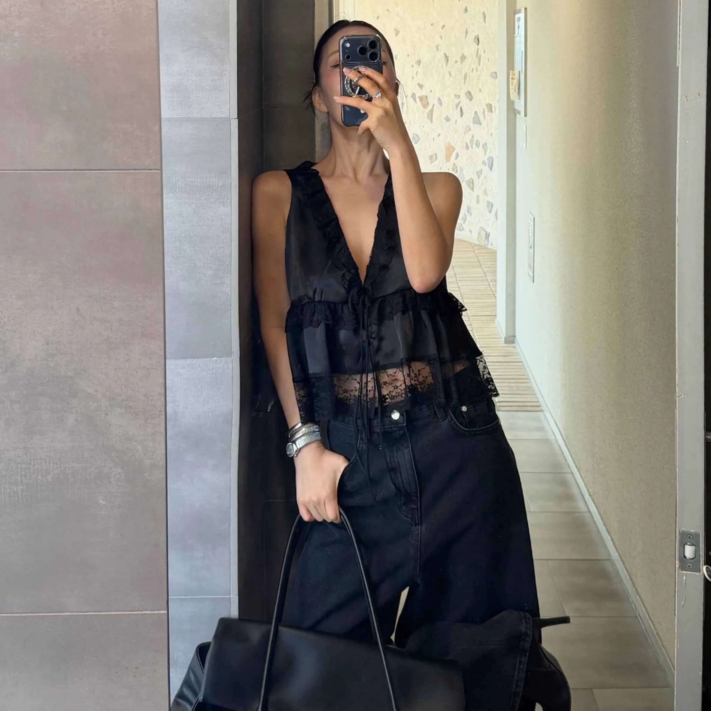 Nimo Home Chic Sweet Lace Sleeveless Vest Versatile Seamless Fabric Women's Fashion Spring Collection Triacetate Fiber 100%