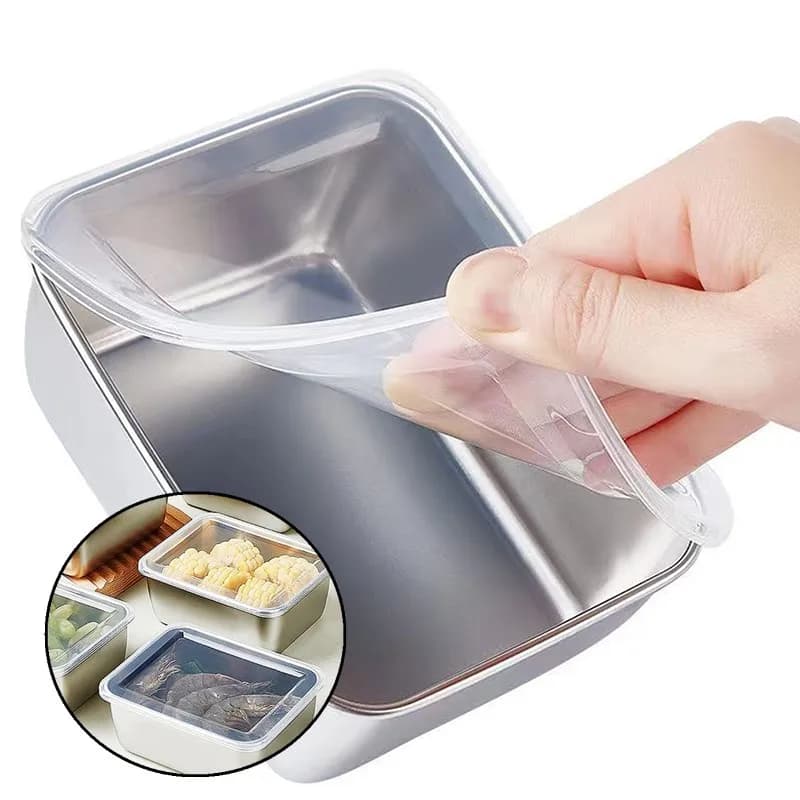 1pc Stainless Steel Refrigerator Food Storage Box With Plastic Lid Prepare Food Freshness Preservation Case Kitchen Accessories
