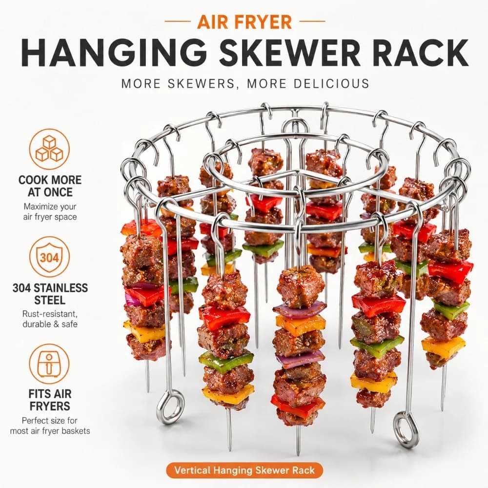 Round Stainless Steel BBQ Skewer Rack Vertical Grill Holder with Hanging Skewers for Air Fryer Barbecue Oven Kitchen Accessories