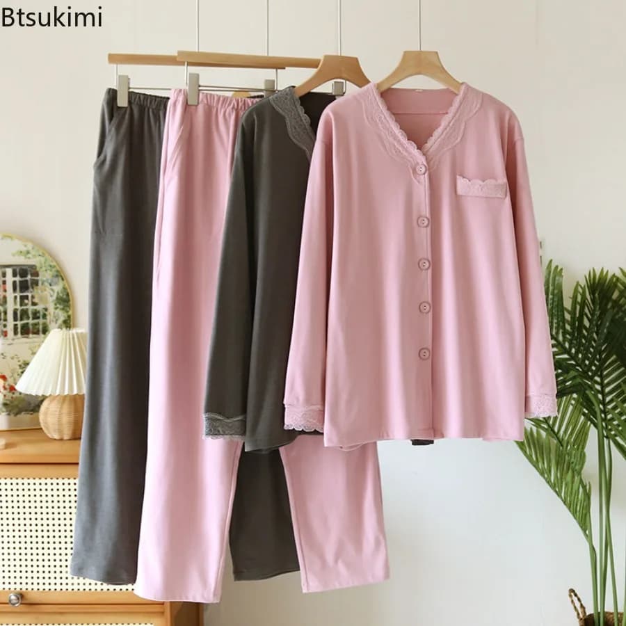 2026 Women's Autumn Winter Velvet Warm Sleepwear Sets Solid Casual Nightwear Pyjamas Suit Loose Home Clothes Lace Trim Sleep Set