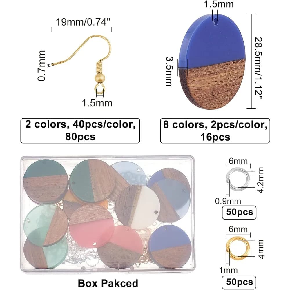 196PCS Resin Wooden Earring Pendants Flat Round Resin Walnut Wood Jewelry Findings Vintage Resin Wood and Earring Making