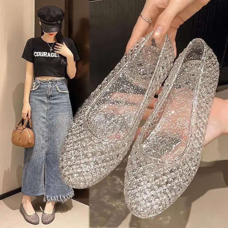Sandali in Plastica da Donna con Cristalli, Suola Morbida, Casual, Tacco Piatto, PVC Versione Aggiornata, Stagione Primavera 2025, Impermeabili