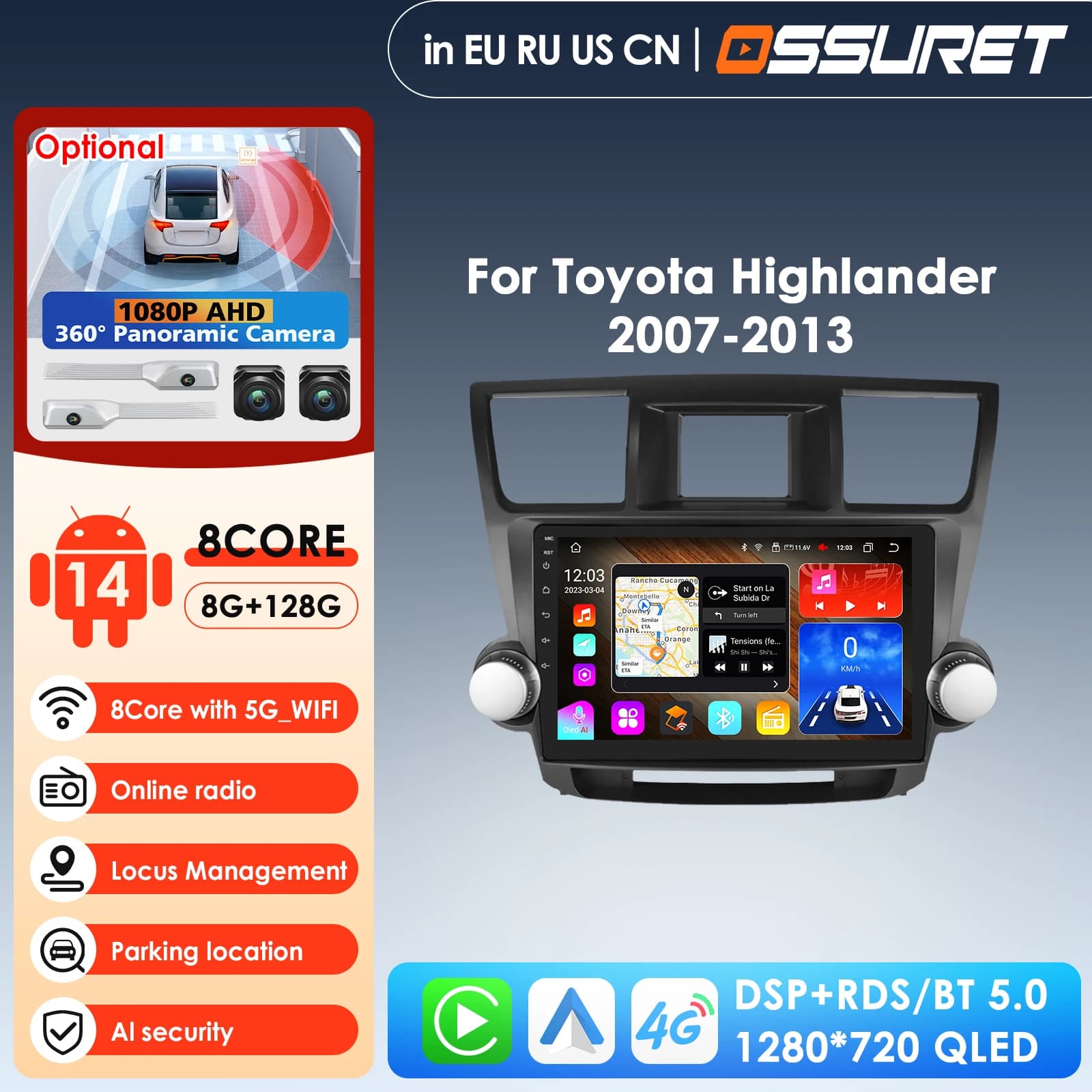 8G 128G Android 14 for Toyota Highlander Kluger 2 XU40 2007 - 2013 Car Radio Multimedia Video Player Navigation GPS Android Auto