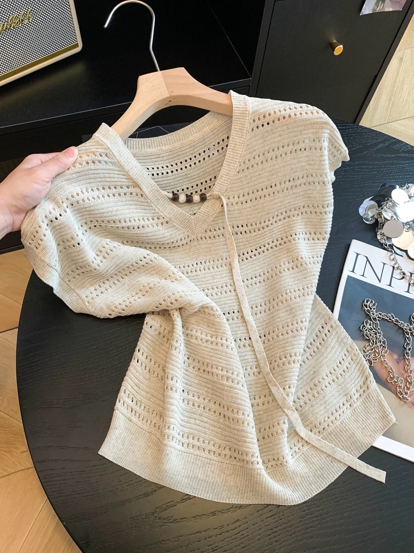 Loose Knitted Short Sleeve V-Neck T-Shirt Women's Summer Style Casual Slimming Breathable Korean Version Ice Silk Polyester C...
