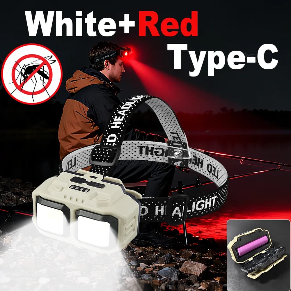 Potente lampada frontale ricaricabile Torcia frontale leggera a luce rossa Torcia frontale a LED da corsa per esterni Lanterna da campeggio inclinabile