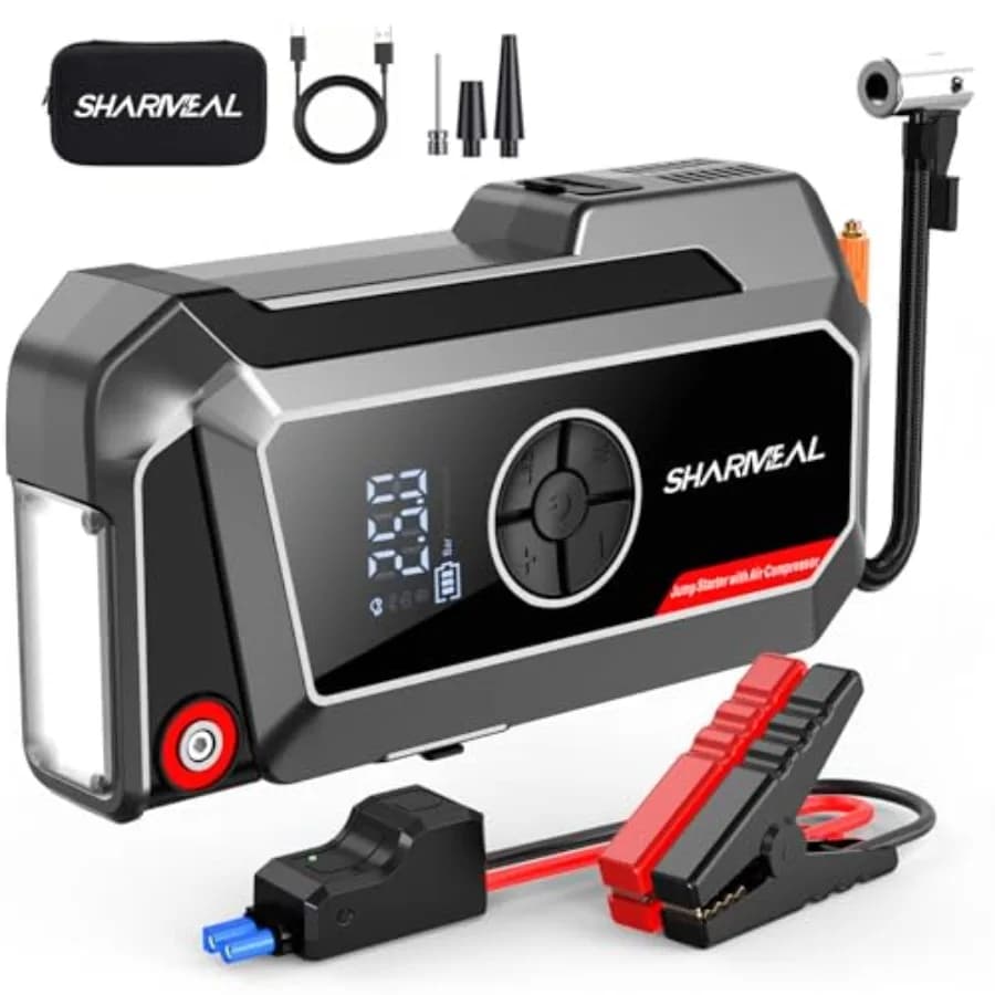Avviatore di emergenza portatile 12V con compressore d'aria per auto e camion, batteria agli ioni di litio, nero, 6000A di picco, 200 PSI integrati
