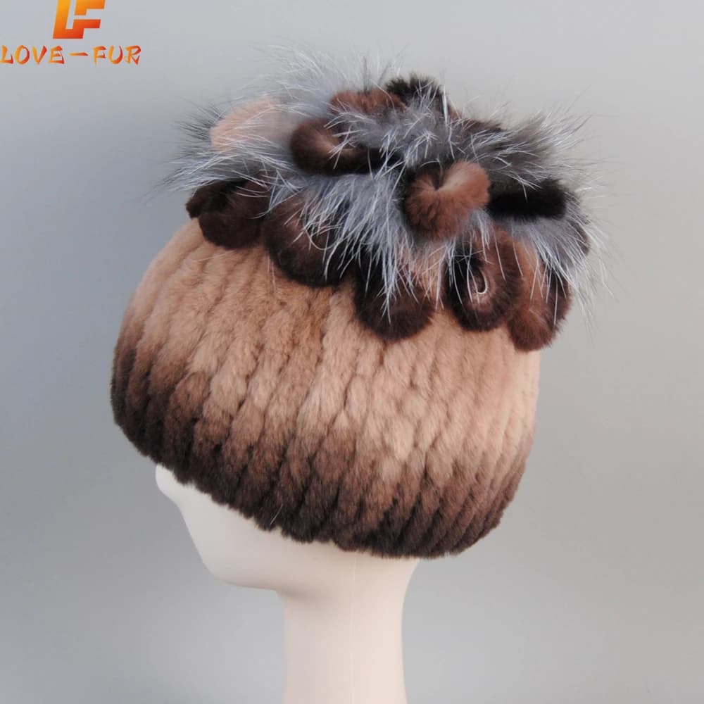 Vendita calda Russia nuovo inverno vera pelliccia berretti cappello donna 100% genuino vero cappello di coniglio Rex buon elastico lavorato a maglia berretti di pelliccia di coniglio Rex