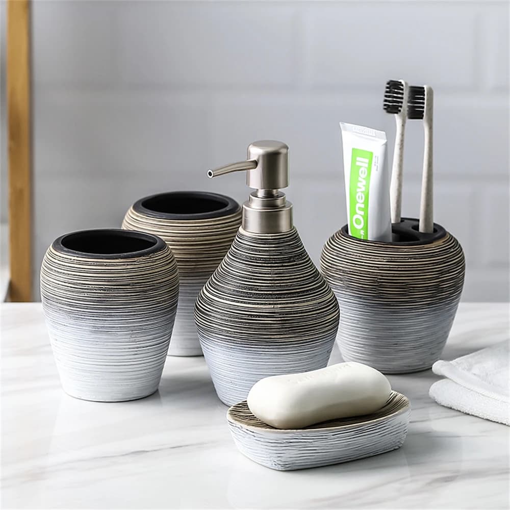 Set di accessori da bagno in ceramica da 5 pezzi, dispenser per sapone liquido, portasapone, portaspazzolino e bicchiere per collutorio, kit da appoggio per il lavabo