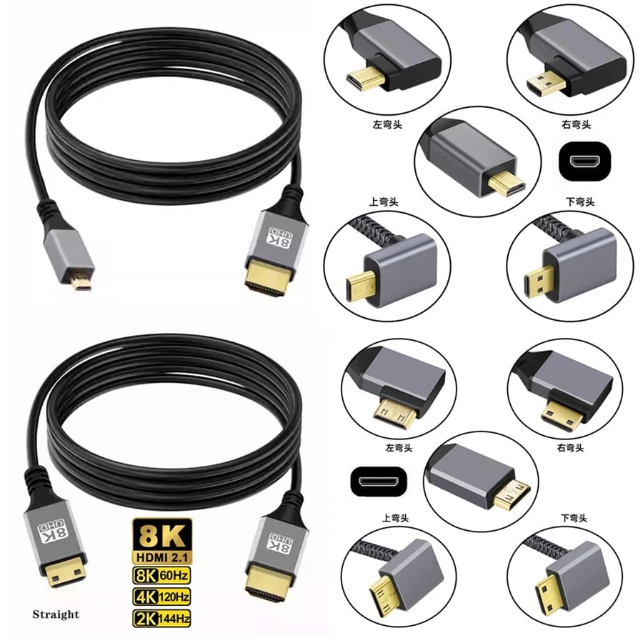 2.1 V cable compatible with Micro Mini HDMI to HDMI angled from 90 degrees 8K 5K for TV PC Digital Camera Tablet Mini HDMI to HDMI cable