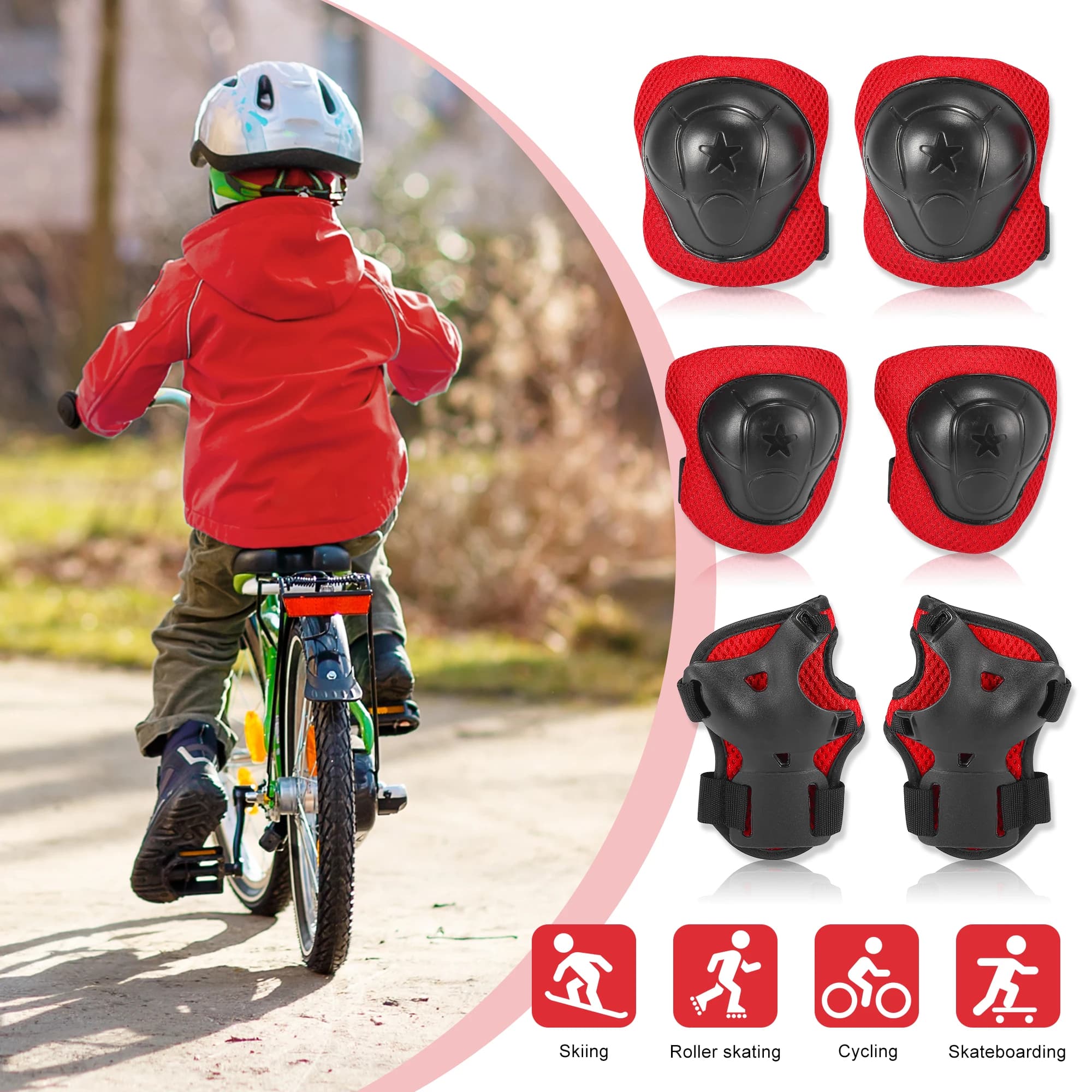 UXCELL Set di Protezioni per Gomiti e Ginocchia per Bicicletta e Skateboard, Supporto Protettivo Rosso e Nero