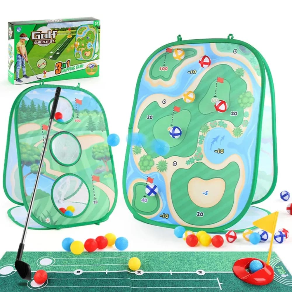 Set Tappetino da Gioco Golf per Bambini con Bersaglio per Freccette e Palline Adesive, Tappetino per Allenamento Golf, Set Gioco da Esterno