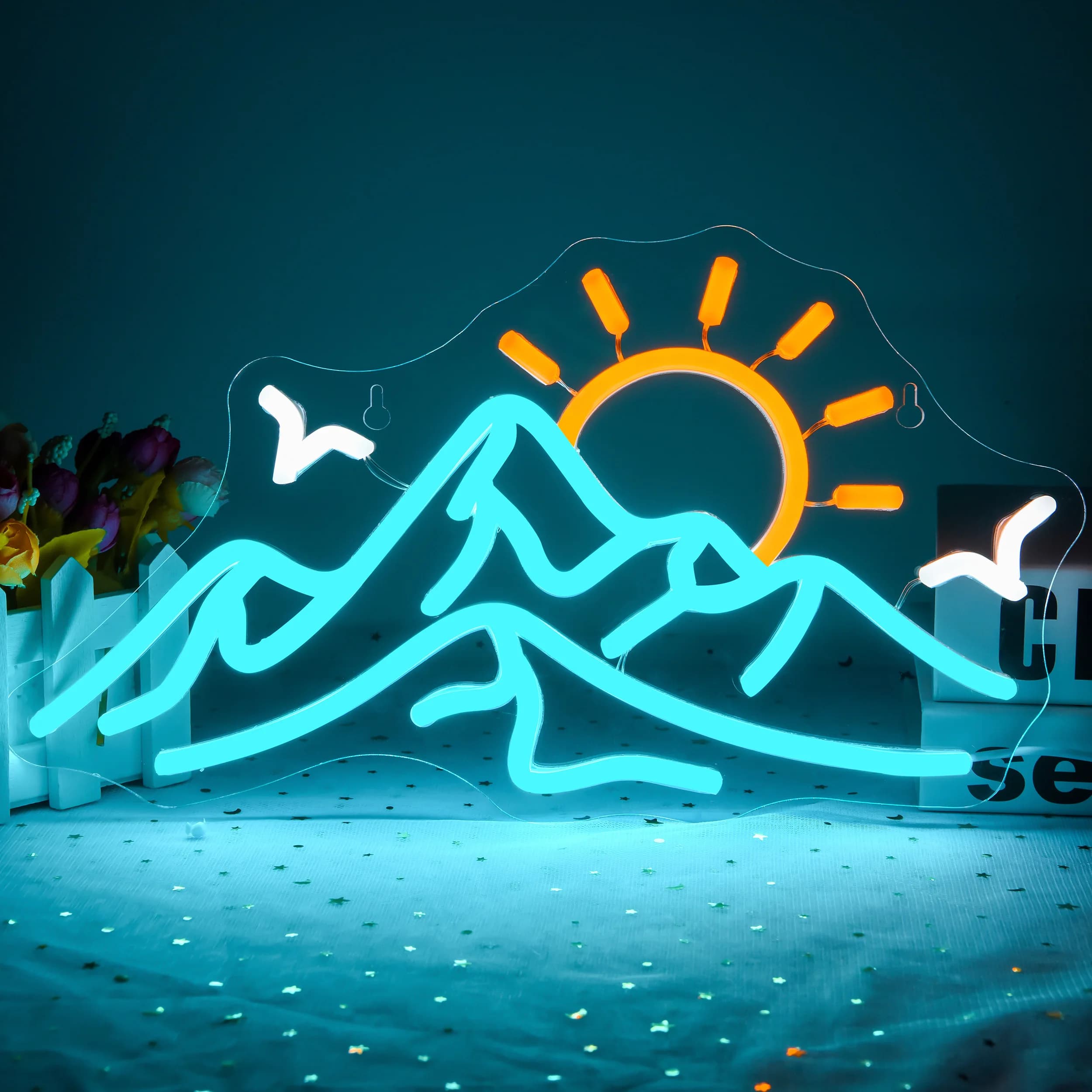 Insegna al neon di montagna per la decorazione della parete Luce al neon di oca selvatica di montagna per la camera da letto Insegna al neon a LED Sunrise & Sunset per soggiorno Hotel