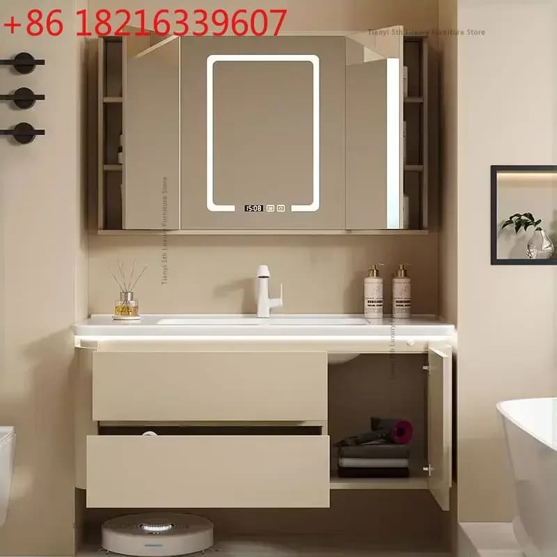 Mobile da Bagno in Stile Nordico Crema, Design Moderno e Lussuoso, Specchio a Parete, Arredamento per Bagno FYBC