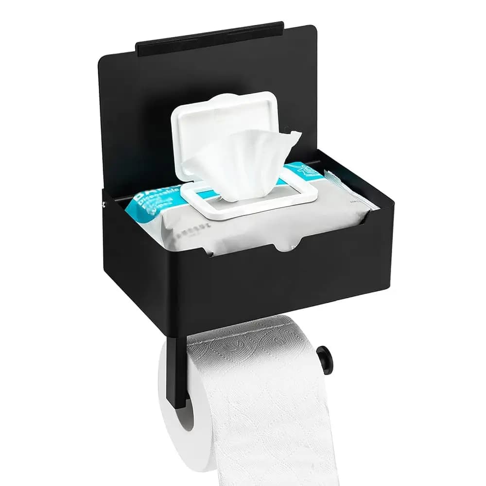 Portarotolo Carta Igienica Nero Opaco con Mensola, Dispenser Salviette Detergibili, Contenitore Grande in Acciaio Inossidabile