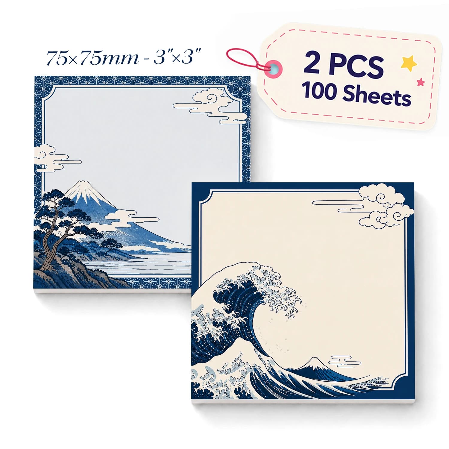 2pcs Japanese Wave Sticky Notes, Mount Fuji Self Stick Memo Pads, 100 Sheets Total, Aesthetic Art Notepad, Removable Adhesive