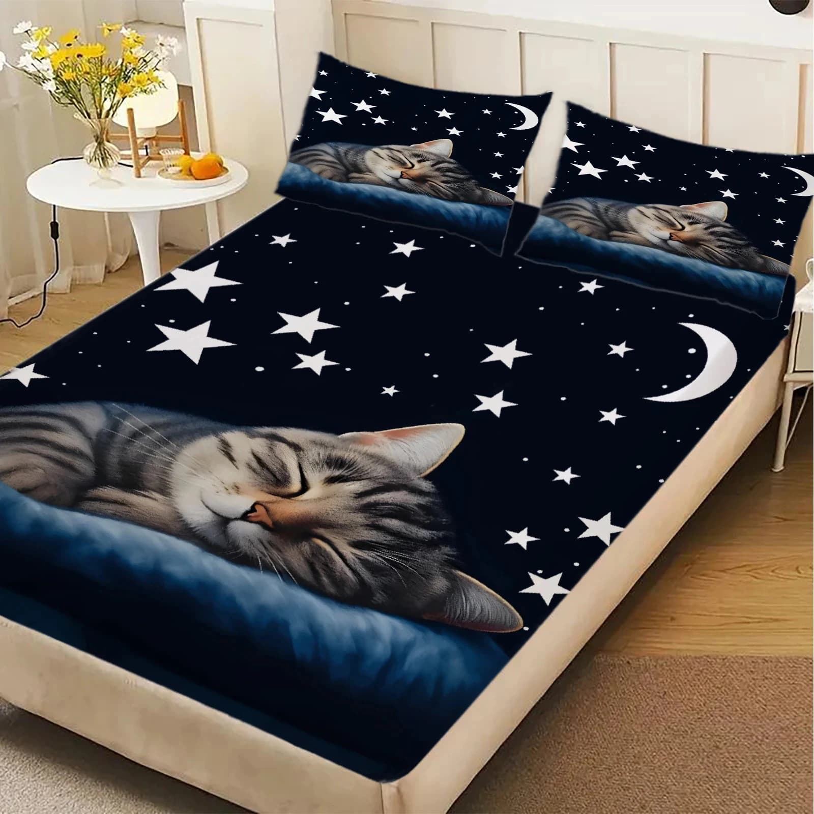 1 Pezzo Lenzuolo con Stampa di Gatto Dormiente, 100% Poliestere, Set di Biancheria da Letto Resistente per Decorazione Camera da Letto, Regalo di Compleanno