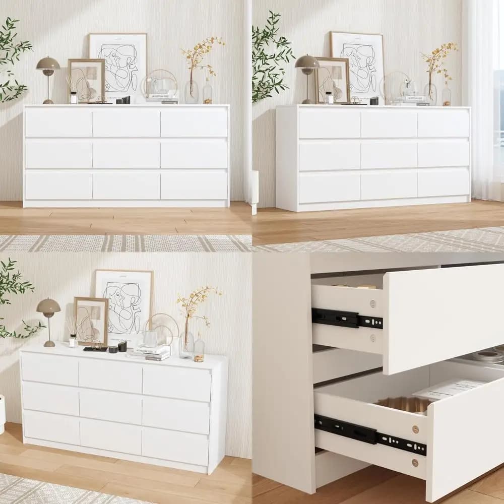Cassettiera in Legno Larga 63 Pollici, Senza Maniglie, Ideale per Camera da Letto, Soggiorno o Corridoio, Bianca