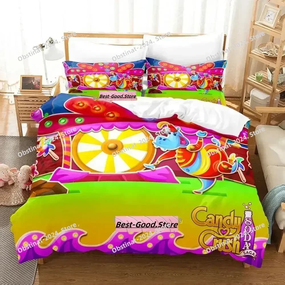 Set biancheria da letto Kawaii Candy Crush Soda Saga Set letto stampato con federa Copripiumino morbido singolo matrimoniale Queen Super King Size