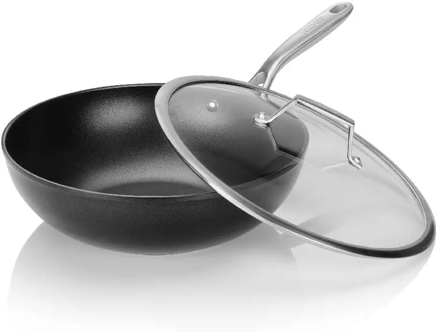 Padella Wok Antiaderente da 12 Pollici con Fondo Piatto e Coperchio in Vetro, Lavabile in Lavastoviglie e Adatta al Forno