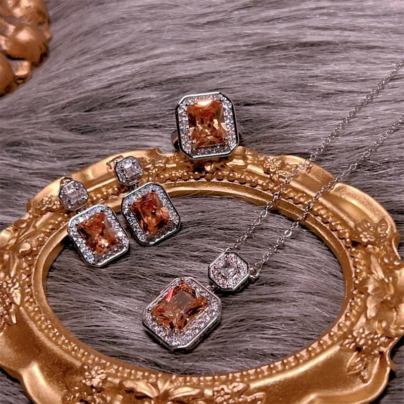 Set di gioielli con pietre preziose arancioni con micro diamanti quadrati di fascia alta in argento 925 splendidi orecchini con collana abzante per anello da donna