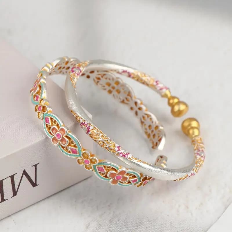 ❤️ New Chinese-style Retro Colored Enamel Bracelets For Women Flower Pattern Traditional Techniques Luxury Jewelry Gift