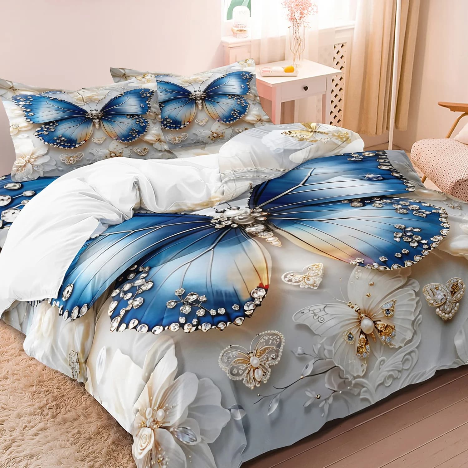 3pcs Blue Butterfly Floral Print Duvet Cover Set, Elegant Bedding, For Family Bedrooms Dormitories Hotels
