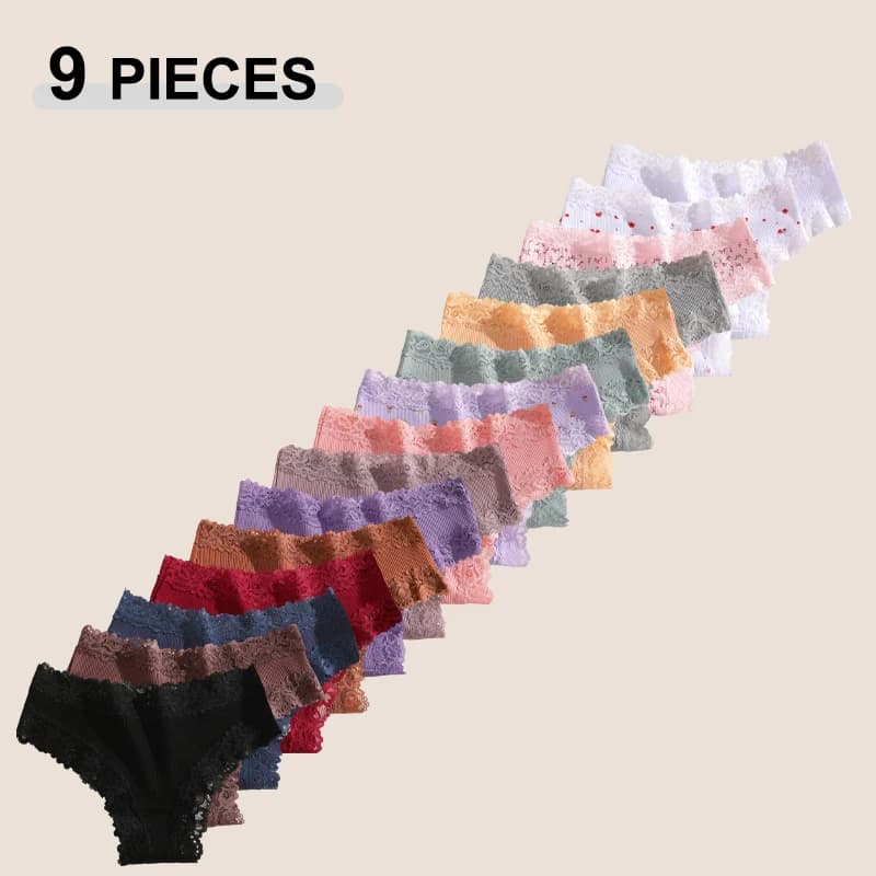 Set di 9 Pezzi: Mutandine Brasiliane in Cotone Senza Cuciture per Donne, Sexy con Inserti in Pizzo, Morbide e Traspiranti, Stampa Decorativa