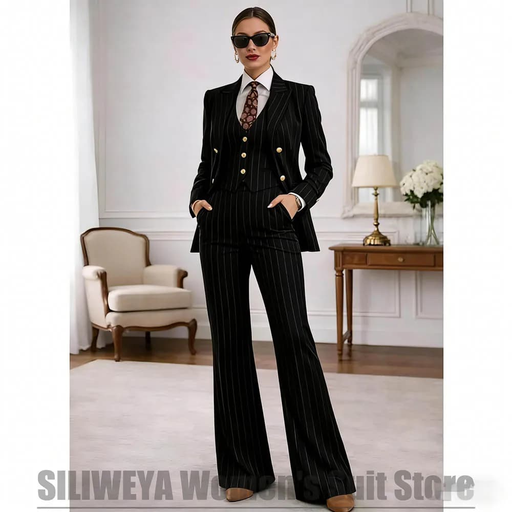 Elegante Completo da Donna a Righe 3 Pezzi: Blazer Doppiopetto, Gilet e Pantaloni a Zampa - Perfetto per Ufficio, Cerimonie e Feste