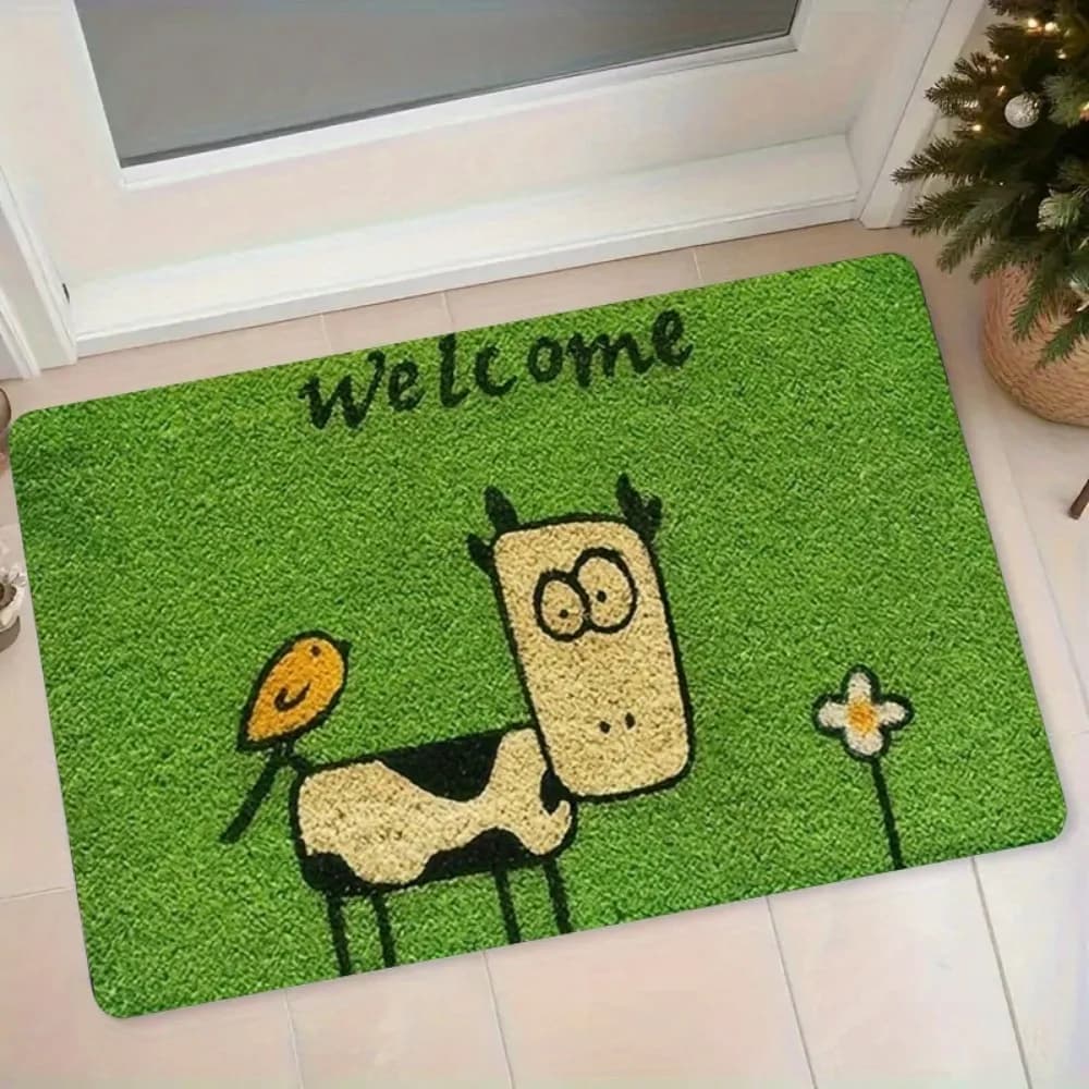 Funny Cartoon Cow Daisy Print Welcome Doormat Non Slip Washable Entrance Floor Rug Living Room Home Decor Floor Mat 1PC