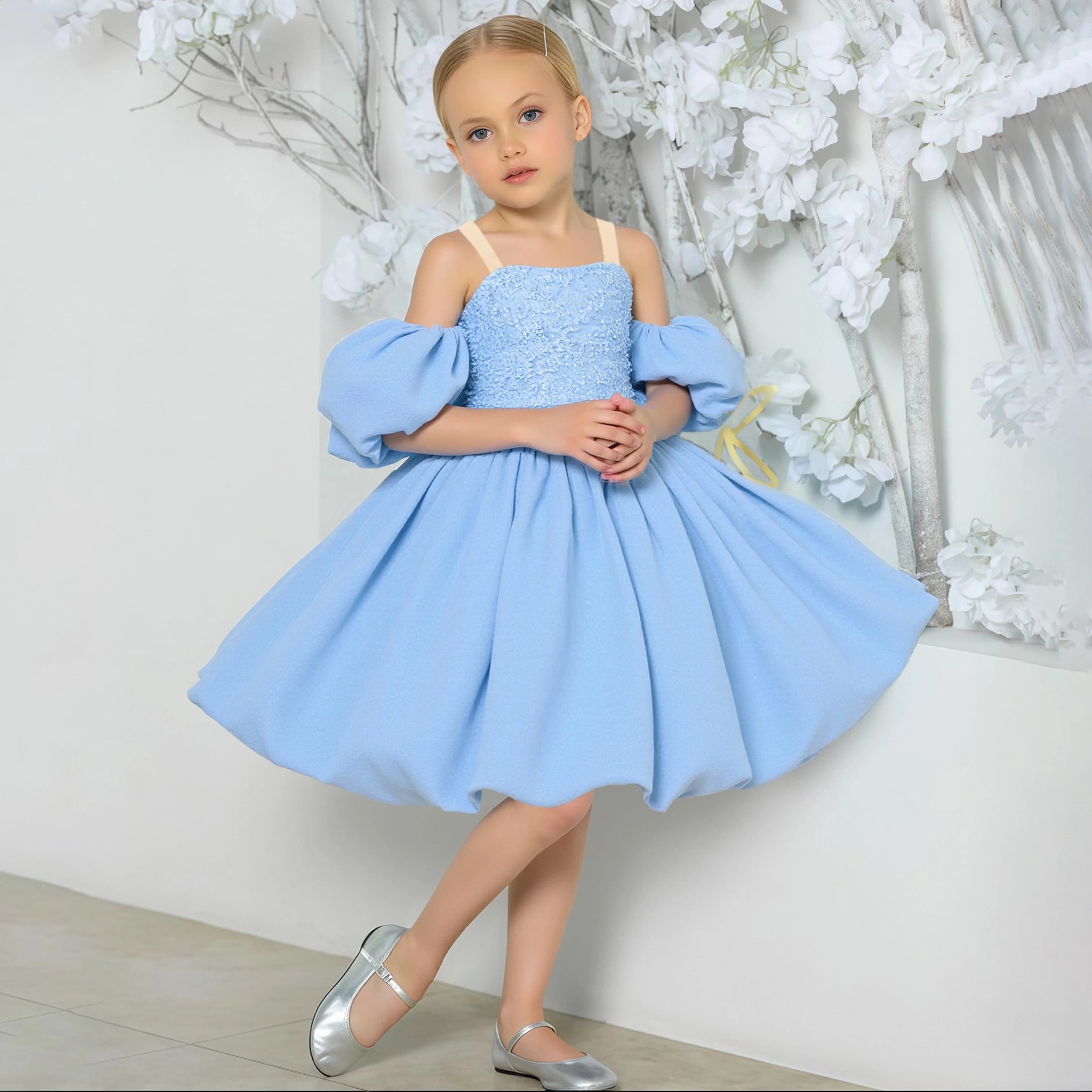 Elegante abito da damigella d'onore bianco per ragazze, maniche a sbuffo, abito da sera da sposa, moda, grande fiocco, principessa, compleanno, laurea
