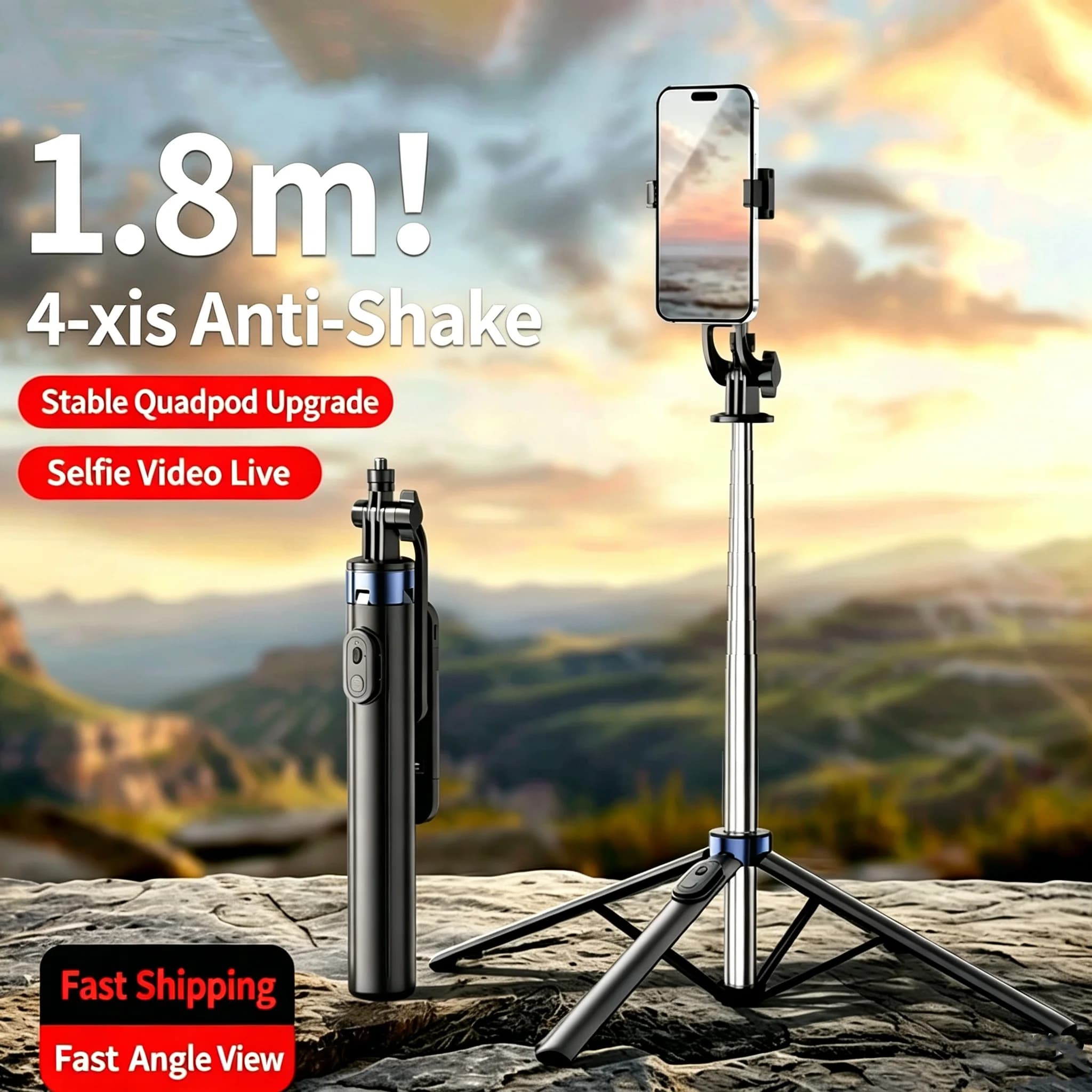 Selfie stick tripod for outdoor travel, portable phone holder with 360-degree rotation, handheld anti-shake for photos,