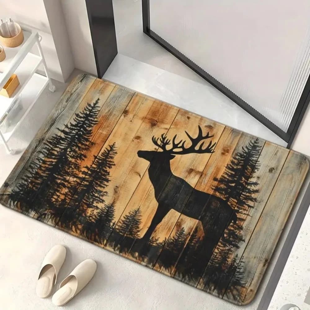 Rustic wooden entrance carpet with deer silhouette for cabins and farms, vintage anti-slip carpet inspired by the forest
