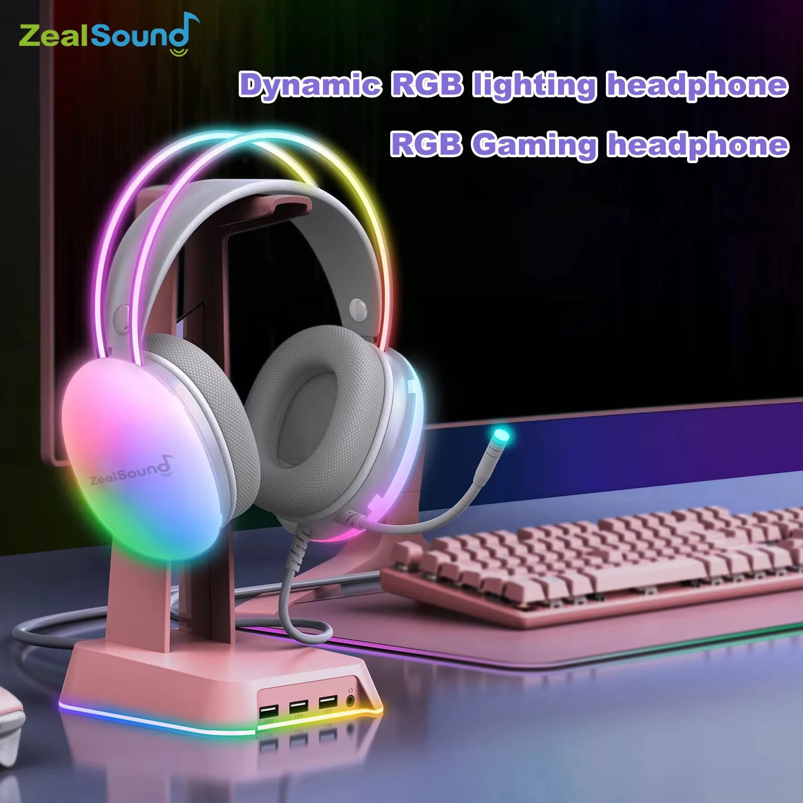 Haomuren RGB USB Gaming Headphones for PC Laptop PS4 PS5 Wired Headphones with Microphone Bass Surround Over Ear Full Light Headset S600