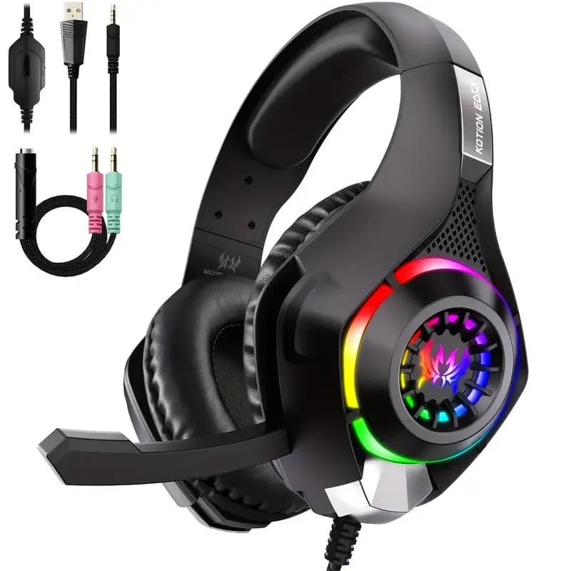 Cuffie da Gaming per PC, PS4, PS5, con Microfono a Cancellazione del Rumore, Luce RGB, Bass Surround, Morbidi Auricolari in Memory Foam