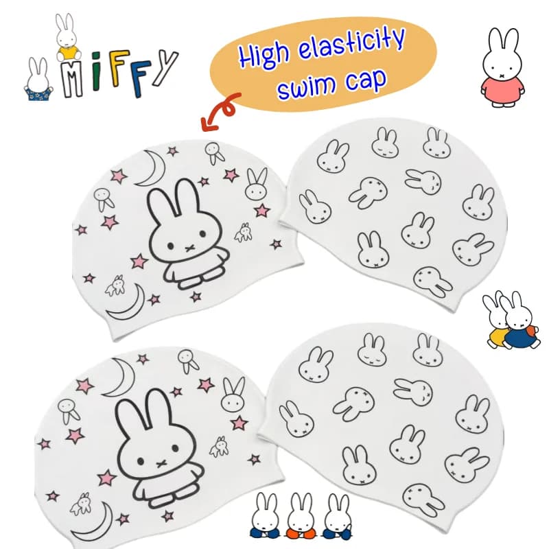 New Miffy Rabbit High Elastic Swimming Cap High Color Value Creative Waterproof Ear Protection Universal Silicone Swimming Cap
