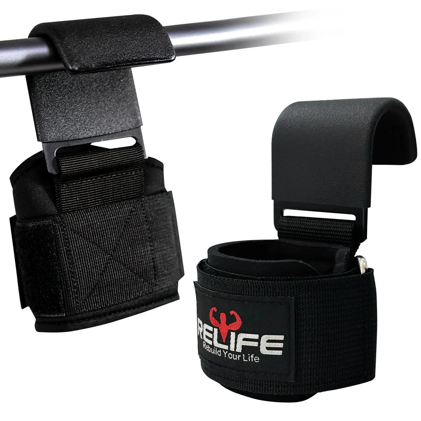 RELIFE Weight Lifting Hooks with Dust Support, Resistent Gym Straps, Fitness Gloves for Men and Women, Ideal for Tractions and Lifting Weights