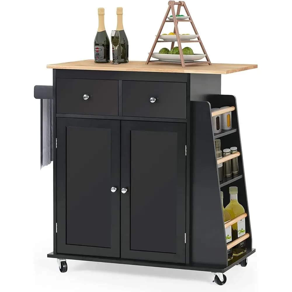 Carrello da Cucina con Ruote e Vano Portaoggetti, Portasciugamani, Cassetti, Portaspezie e Portabottiglie, Piano in Legno da 31,5 Pollici, Nero