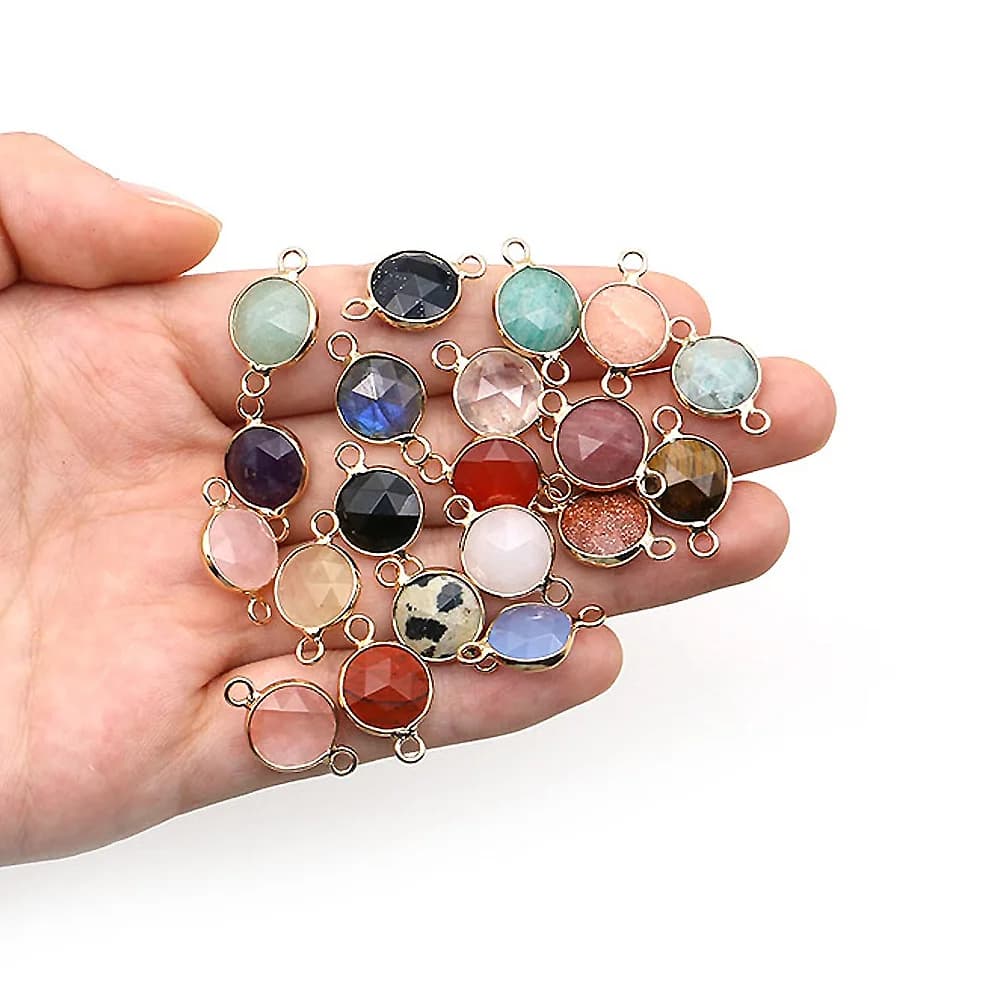 Ciondolo con connettore in pietra naturale, agata, quarzo, ciondoli rotondi sfaccettati per la creazione di gioielli, orecchini, collane, bracciali, accessori fai da te