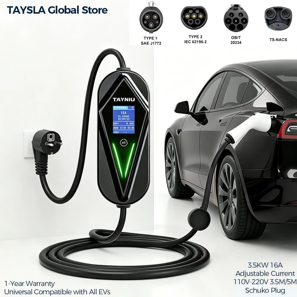 Cavo di Ricarica EV TAYNIU Livello 1 3.5kW 16A Tipo 2 Tipo 1 J1772 GB/T NACS Spina Schuko 80V-260V 3.5M 5M Caricatore EV Portatile