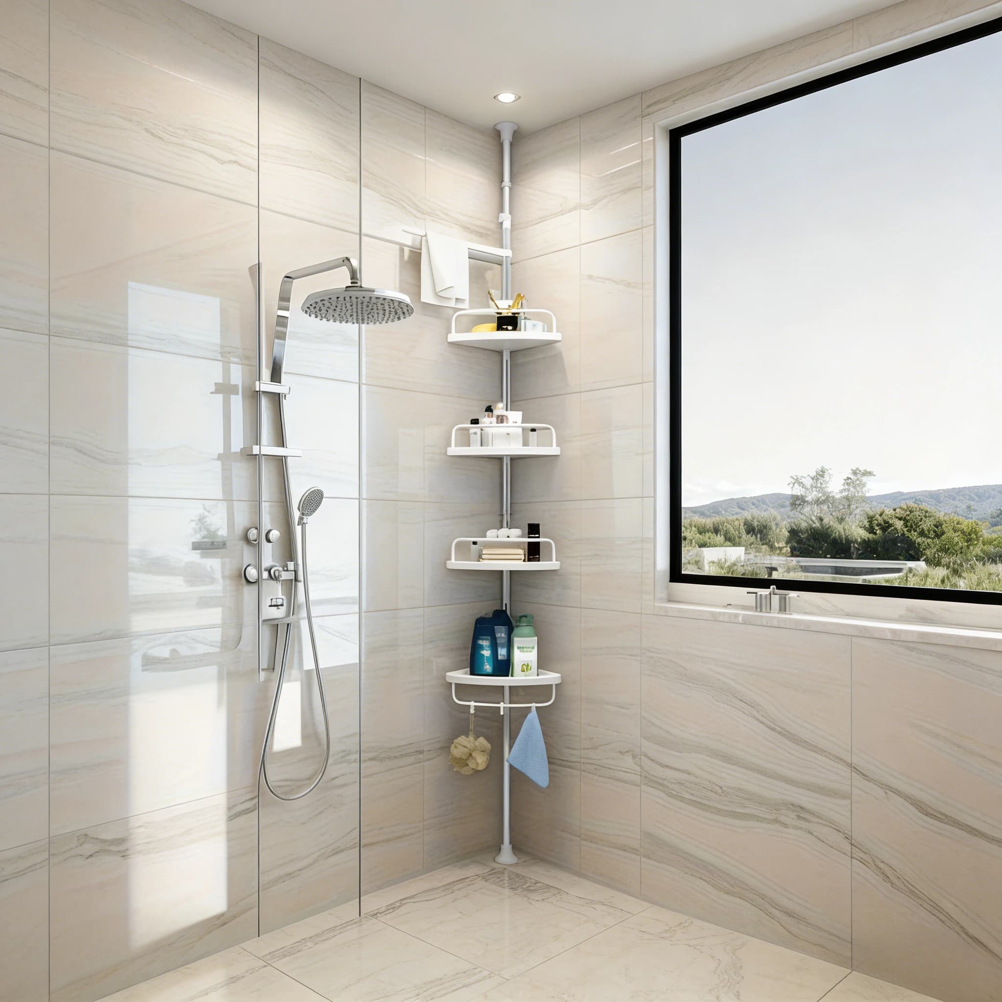 Mensola Angolare per Doccia con Asta Telescopica - Scaffale Antiruggine per Vasca da Bagno, 4 Ripiani Regolabili per Organizzazione Bagno ed Essenziali