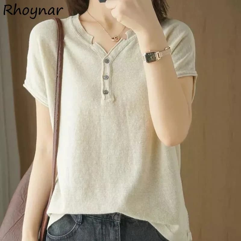 T-shirt con scollo a V da donna lavorate a maglia comode maniche corte basic casual tutto-fiammifero quotidiano stile coreano High Street Summer Ladies Chic