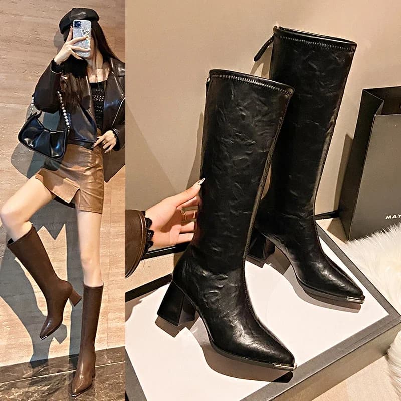 Scarpe da donna Stivali alti da donna Cerniere posteriori con punta a punta Stivali lunghi da donna Scarpe eleganti con tacco alto da festa Calzature da donna invernali