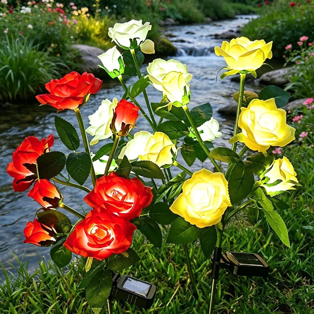 Lampada Solare da Giardino a 5 Teste a Forma di Rosa, Luce LED per Esterni, Decorazione per Matrimoni, Natale, Feste e Patio