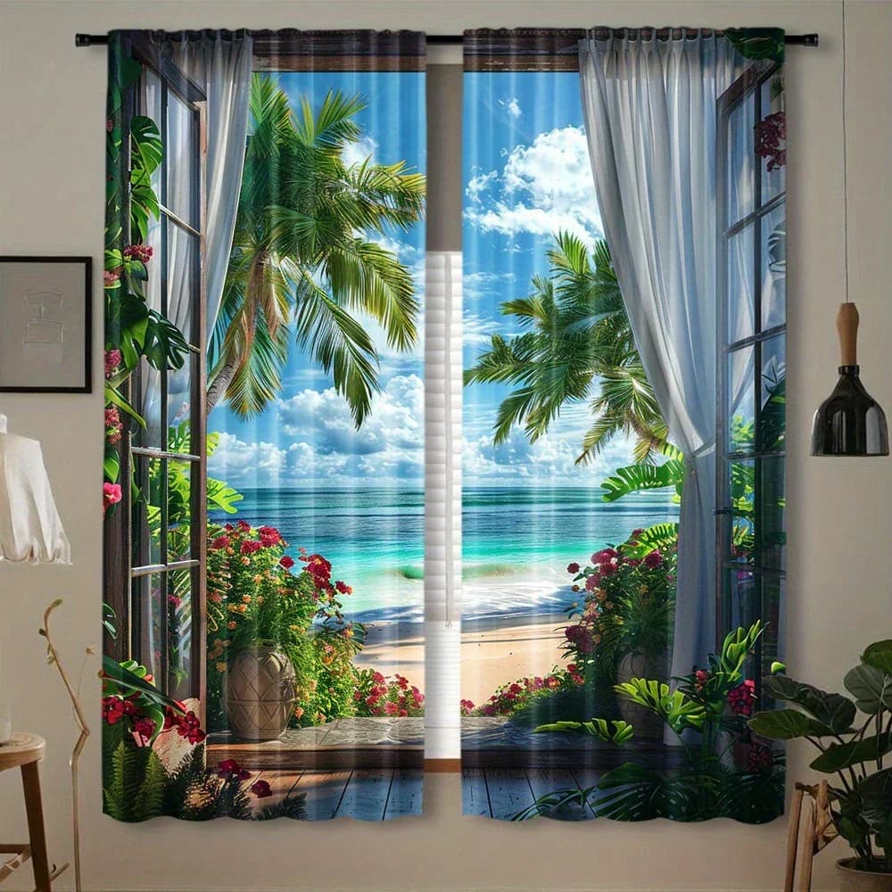 2pcs Tropical Beach Palm Tree Printed Curtains, Designed for Light Filtering, Quality Material, Ideal for Summer Holiday Home Wi