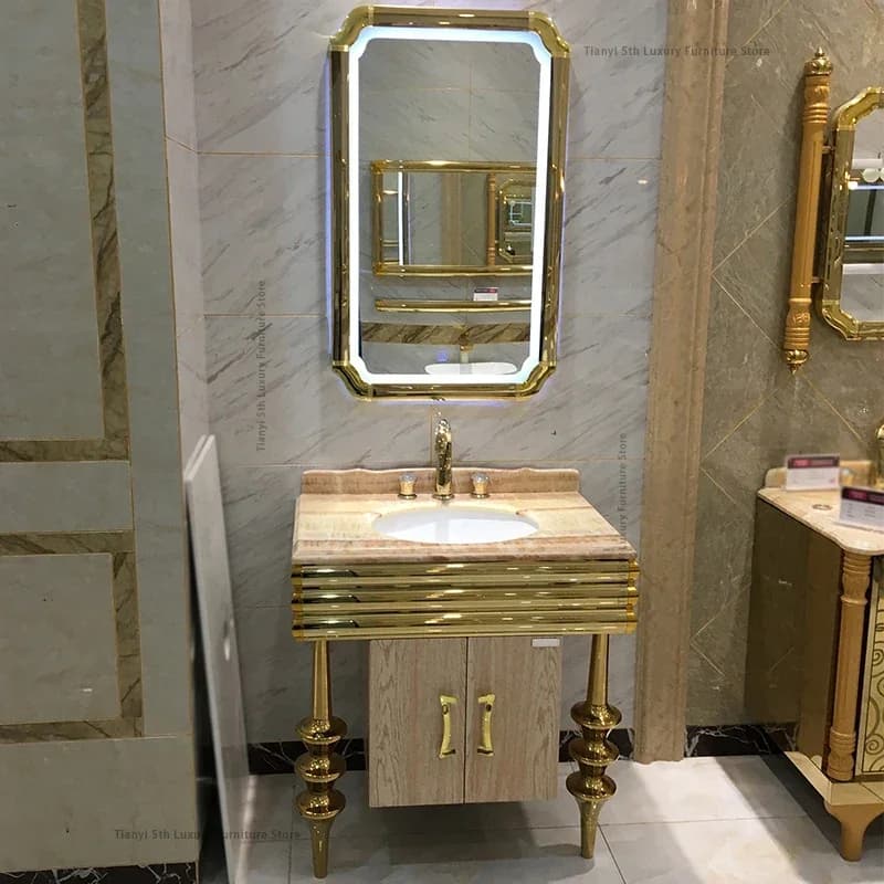 Mobiletto da bagno classico in stile europeo combinato design moderno di lusso con specchio da bagno, scaffali per la casa, bagno FYBC