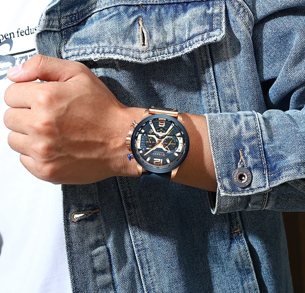 CURREN 8329 Orologio Sportivo di Lusso Blu, Marca di Alta Gamma, Orologio Militare in Pelle, Orologio al Quarzo alla Moda con Timer per Uomo