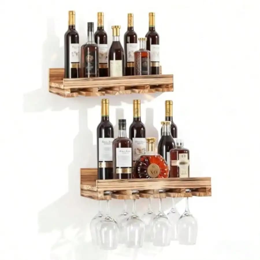 Portabottiglie da Parete 2 Pezzi, Set Porta Calici Rustico, Mensole Galleggianti per Bar in Legno Marrone Salvia