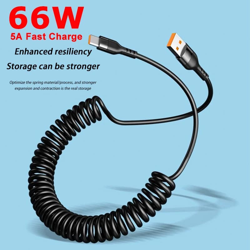 Cavo dati telescopico a molla 5A 66W USB a Type-C/Dual Type-C per ricarica rapida, compatibile con Car Play, 1M 1.8M 2M per Xiaomi iPhone