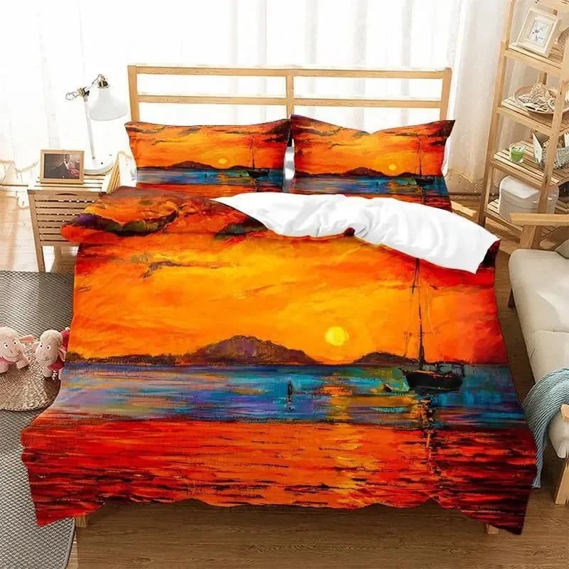 Copripiumino con paesaggio dipinto ad olio King Queen Size Seaside Sunset Copripiumino in poliestere con stampa artistica in stile dipinto colorato