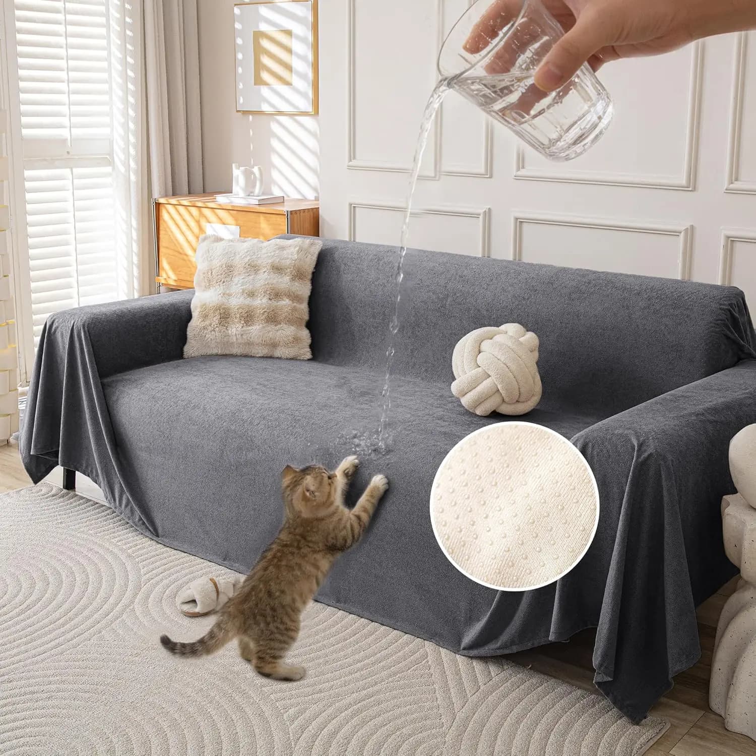 Copridivano Impermeabile per 3 Cuscini, Antiscivolo e Resistente ai Graffi di Gatti e Cani, Protezione per Divani a L, Lavabile, 180 x 340 cm, Grigio